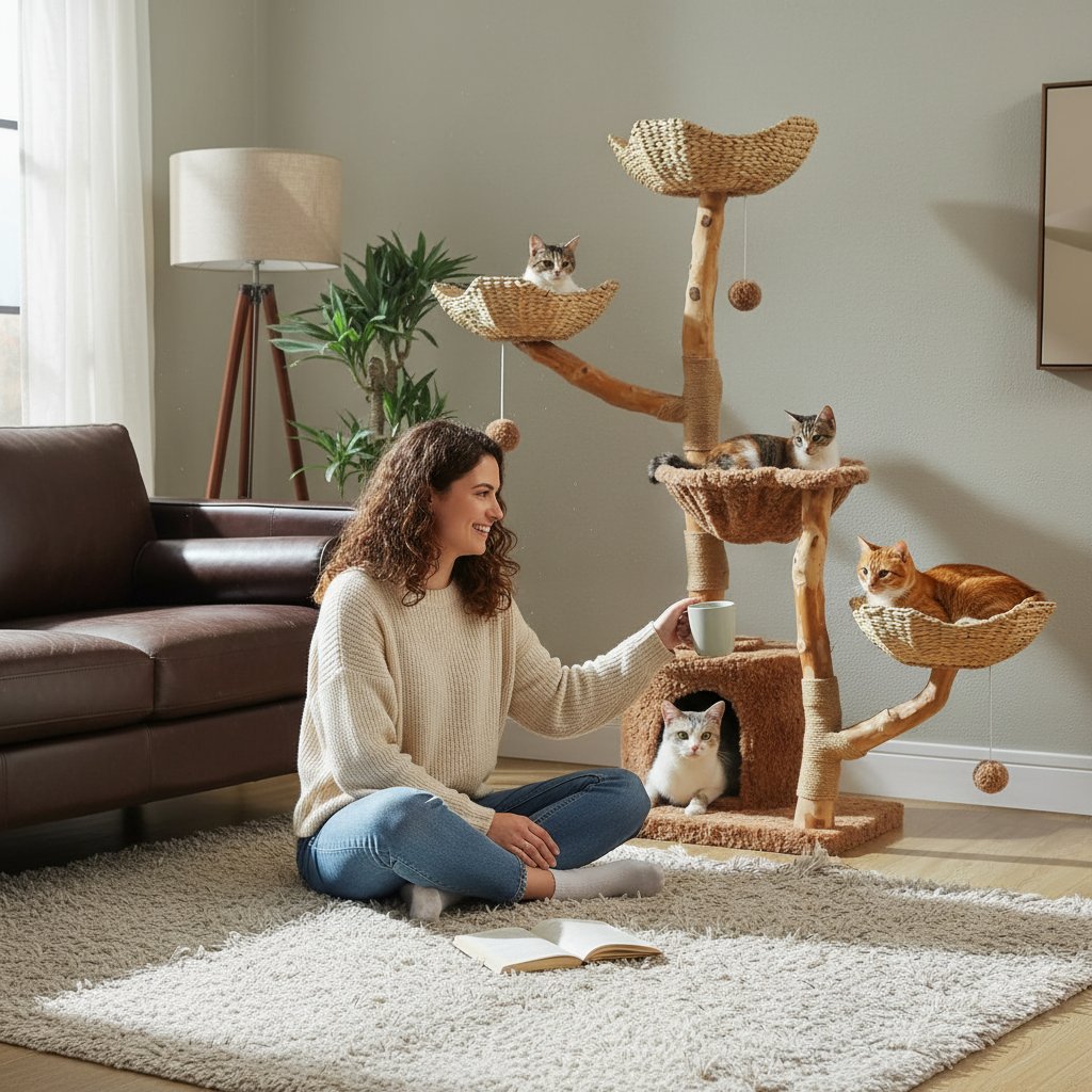 Brown modern cat tree with natural solid wood construction, 59 inches tall with multiple baskets and hammock for large indoor cats — view 1
