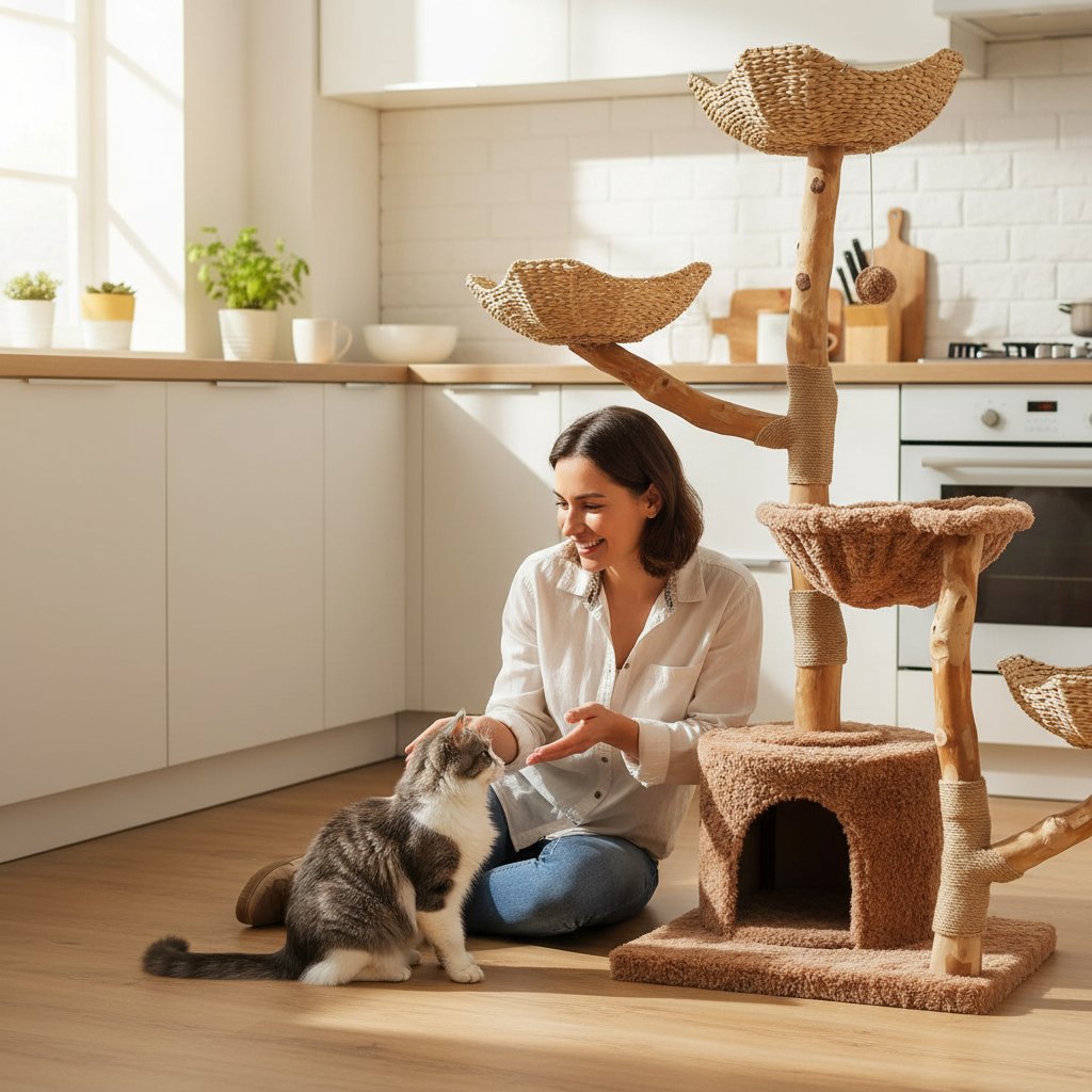 Brown modern cat tree with natural solid wood construction, 59 inches tall with multiple baskets and hammock for large indoor cats — view 2
