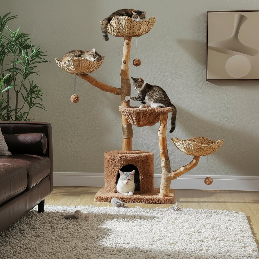 Brown modern cat tree with natural solid wood construction, 59 inches tall with multiple baskets and hammock for large indoor cats — view 3a