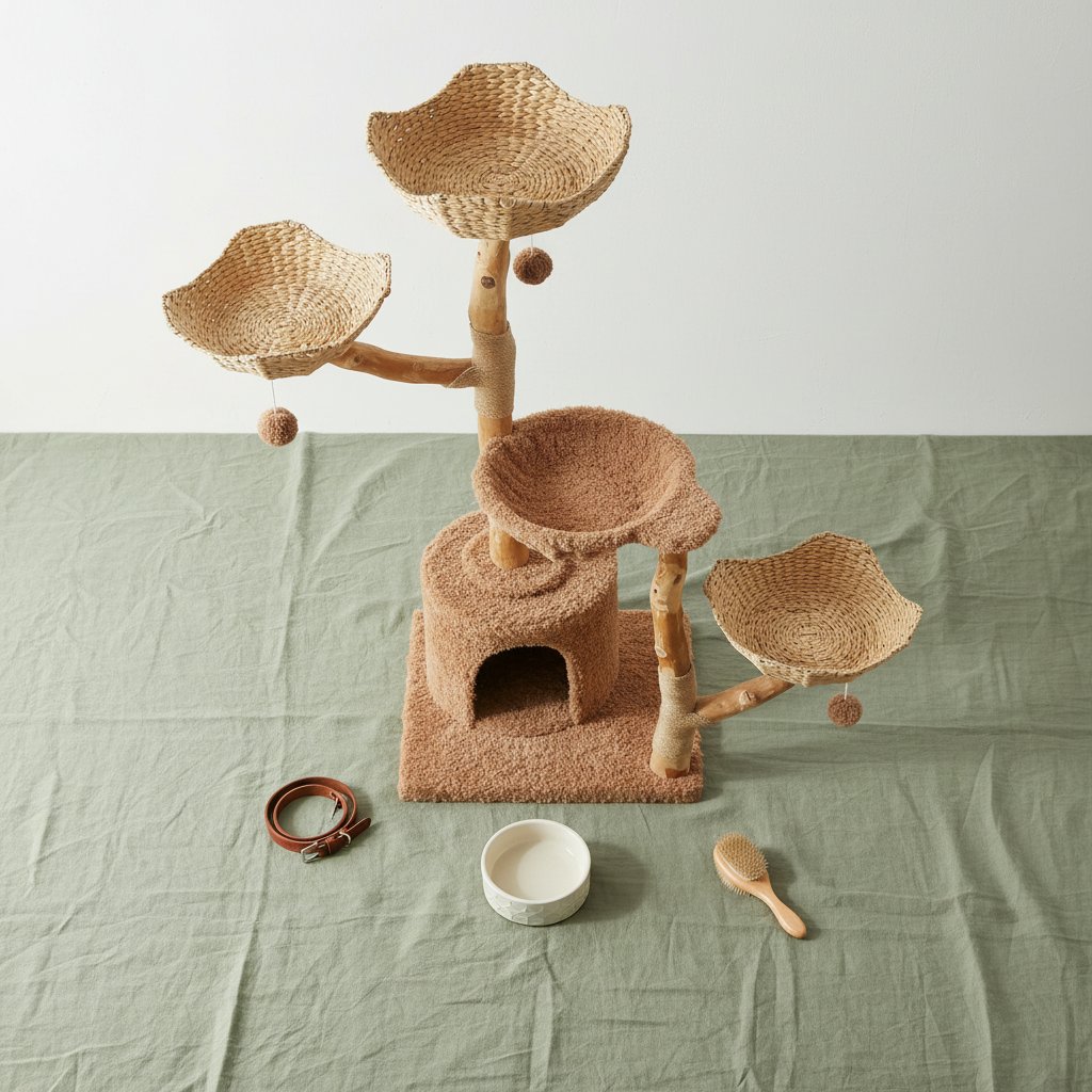 Brown modern cat tree with natural solid wood construction, 59 inches tall with multiple baskets and hammock for large indoor cats — view 4