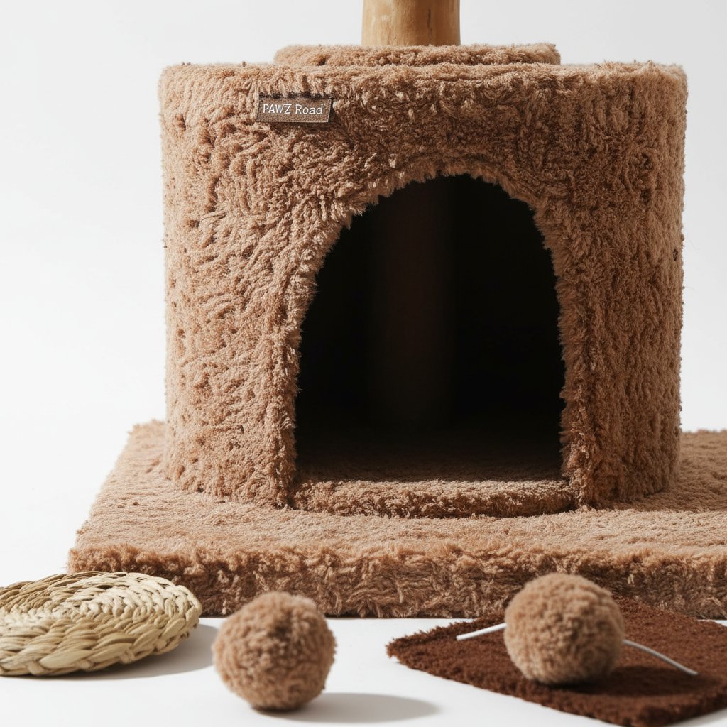 Brown modern cat tree with natural solid wood construction, 59 inches tall with multiple baskets and hammock for large indoor cats — view 5b