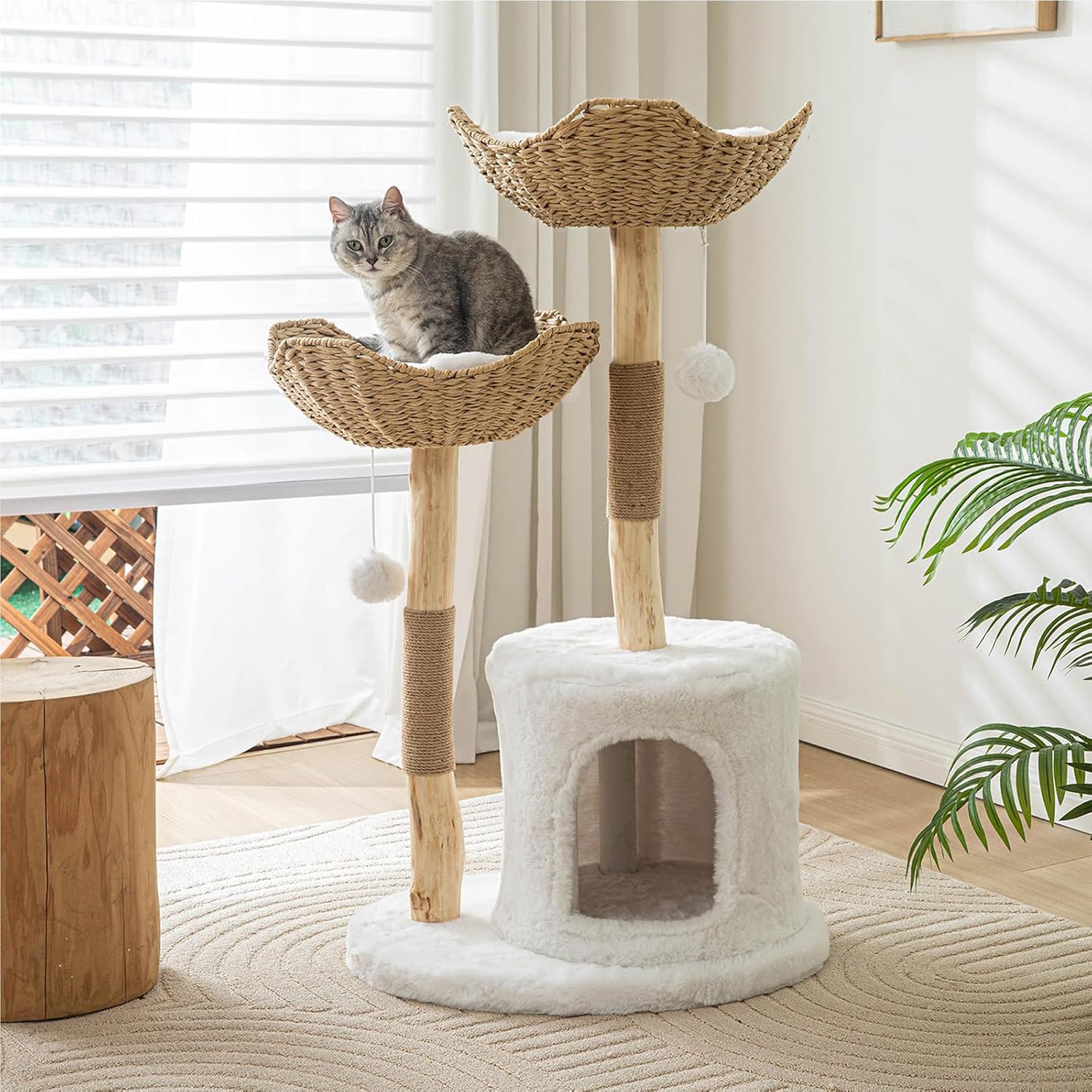 Modern white wooden cat tree tower with sisal rope scratching posts, 46.5 inches tall for large indoor cats — view 1