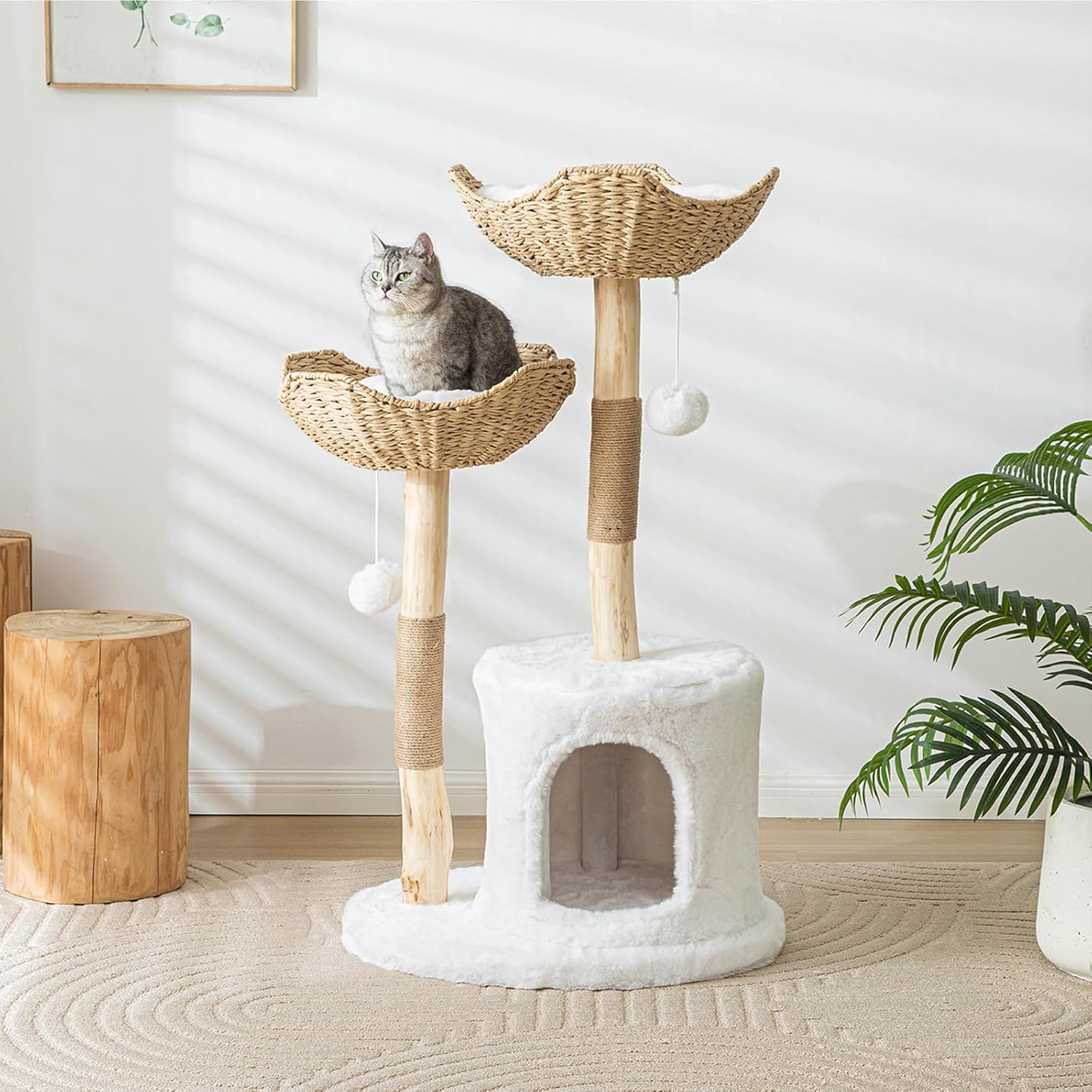 Modern white wooden cat tree tower with sisal rope scratching posts, 46.5 inches tall for large indoor cats — view 2