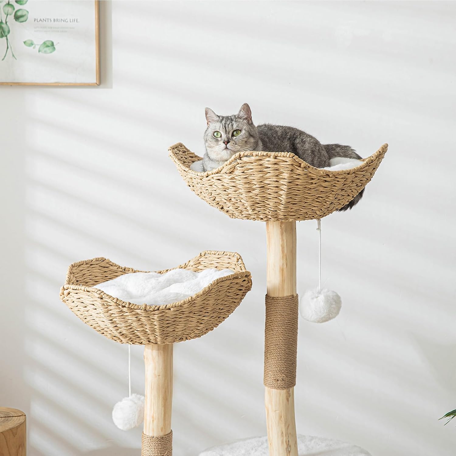 Modern white wooden cat tree tower with sisal rope scratching posts, 46.5 inches tall for large indoor cats — view 3