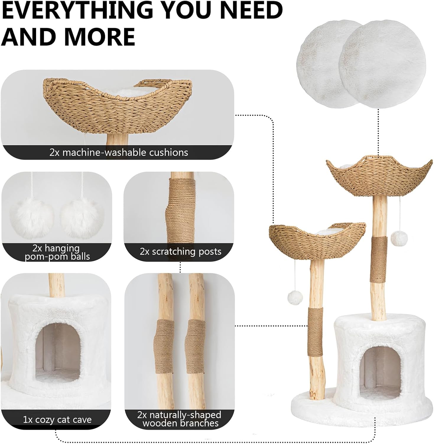 Modern white wooden cat tree tower with sisal rope scratching posts, 46.5 inches tall for large indoor cats — view 4