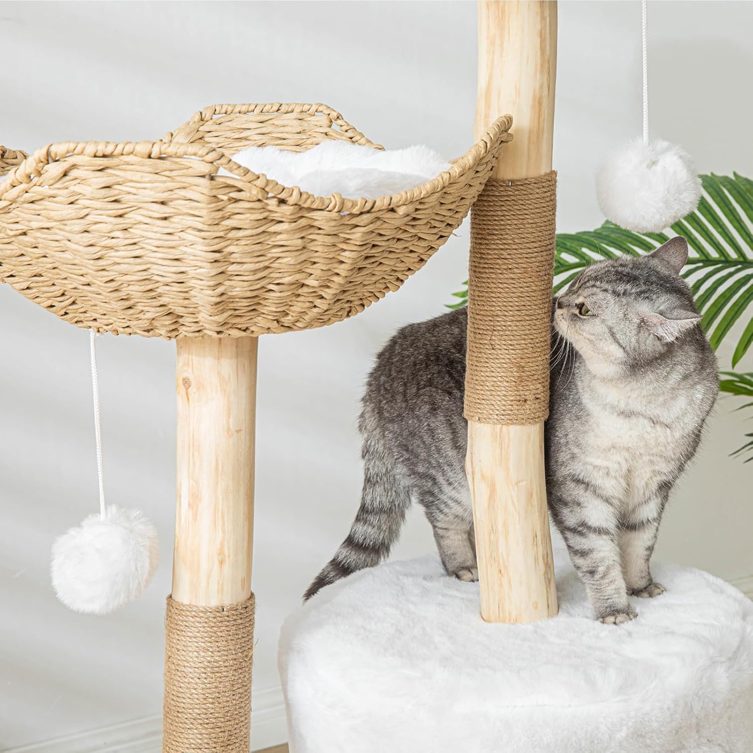 Modern white wooden cat tree tower with sisal rope scratching posts, 46.5 inches tall for large indoor cats — view 2