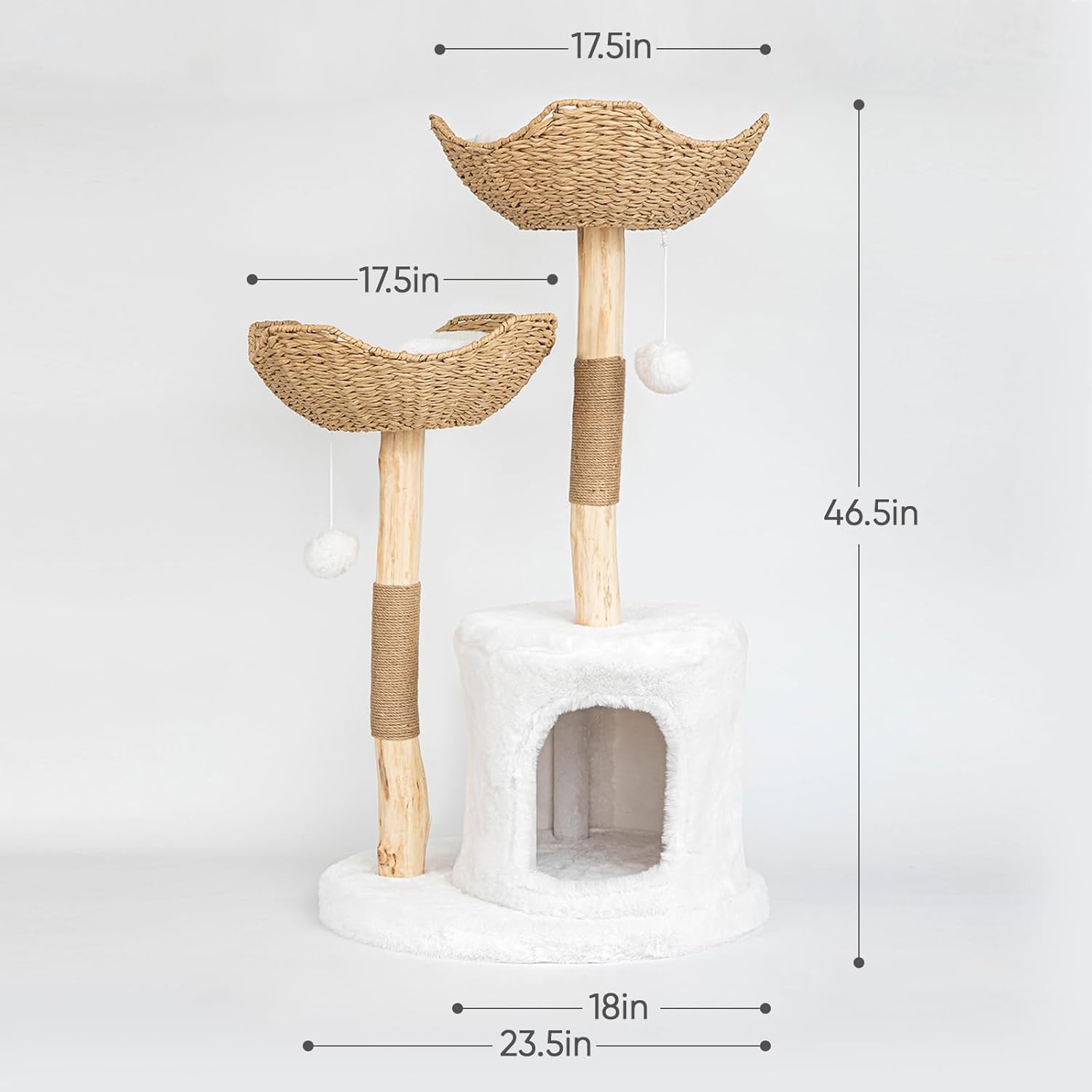 Modern white wooden cat tree tower with sisal rope scratching posts, 46.5 inches tall for large indoor cats — view 3
