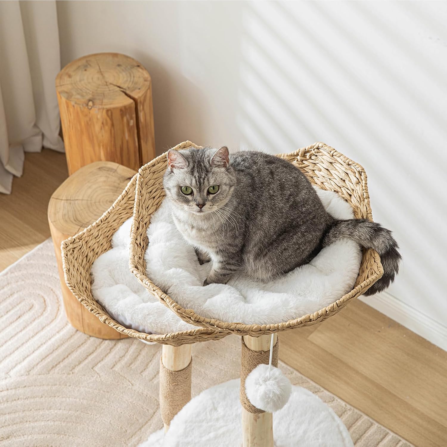 Modern white wooden cat tree tower with sisal rope scratching posts, 46.5 inches tall for large indoor cats — view 4