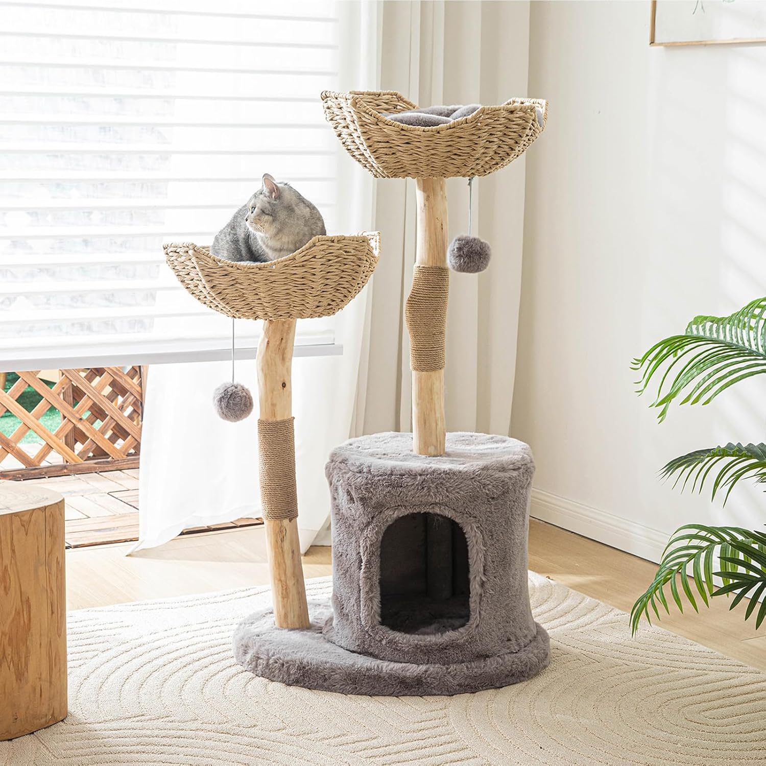 Modern white wooden cat tree tower with sisal rope scratching posts, 46.5 inches tall for large indoor cats — view 5