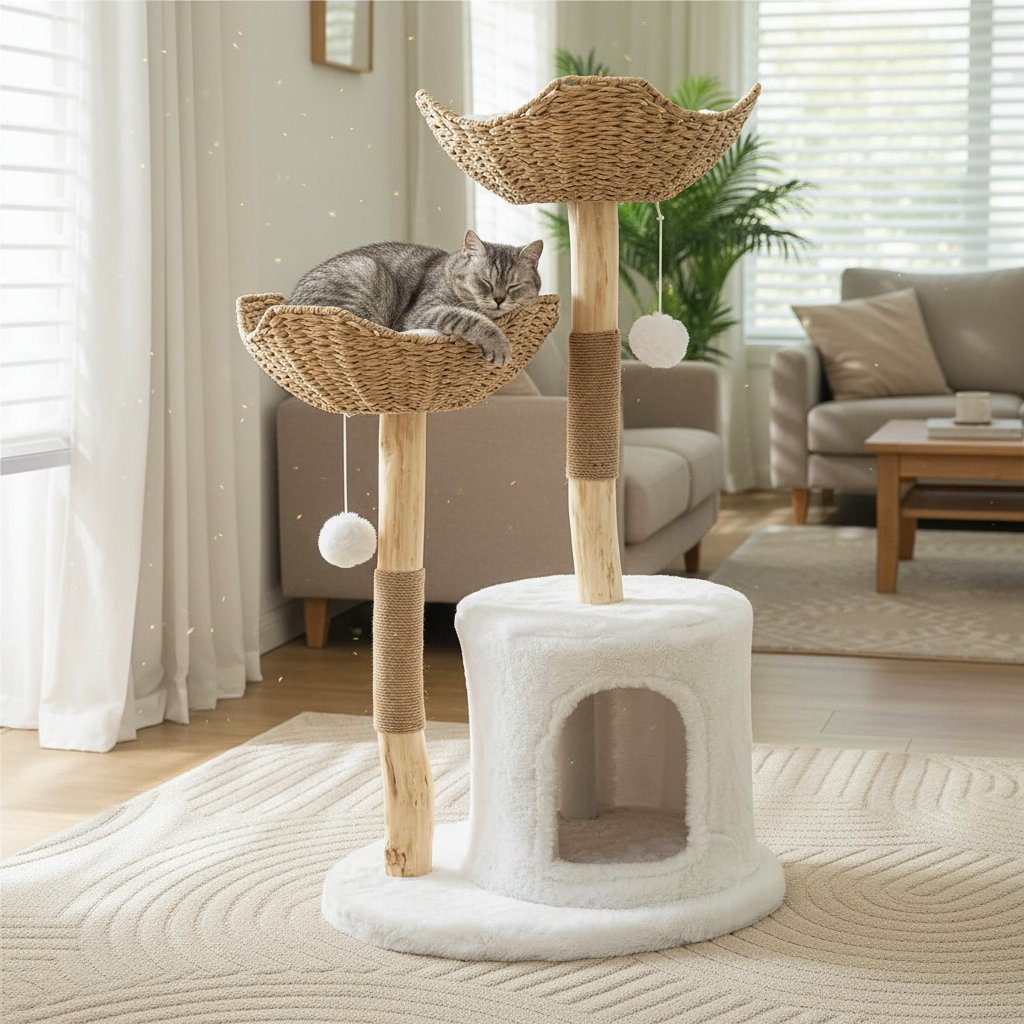 Modern white wooden cat tree tower with sisal rope scratching posts, 46.5 inches tall for large indoor cats — view 3a