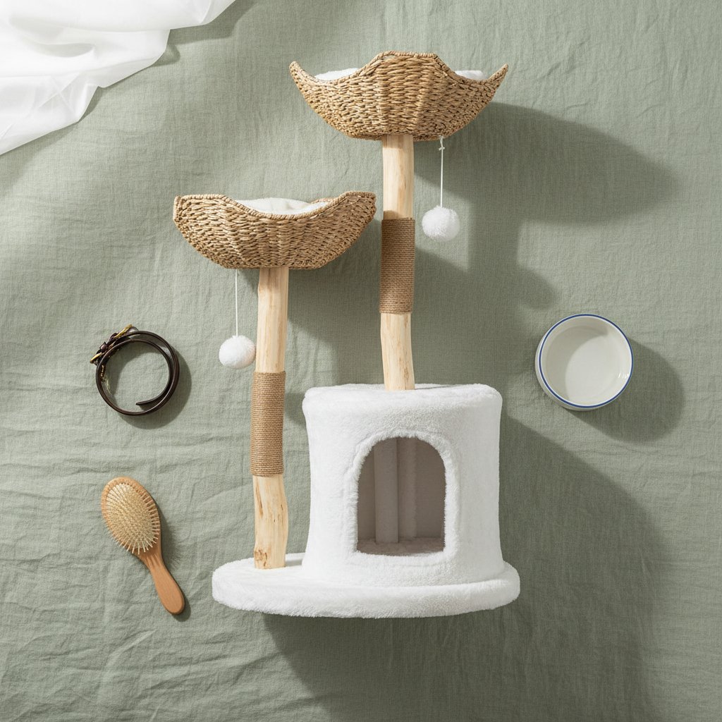 Modern white wooden cat tree tower with sisal rope scratching posts, 46.5 inches tall for large indoor cats — view 4