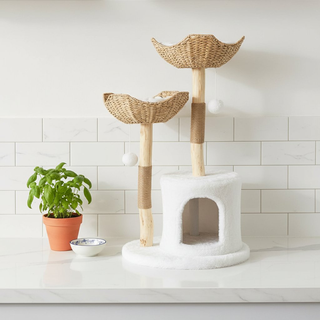 Modern white wooden cat tree tower with sisal rope scratching posts, 46.5 inches tall for large indoor cats — view 5a