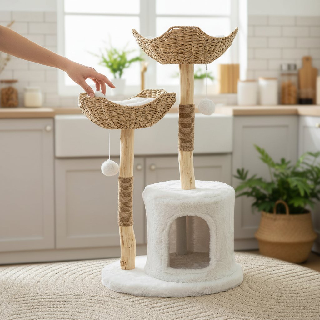 Modern white wooden cat tree tower with sisal rope scratching posts, 46.5 inches tall for large indoor cats — view 6