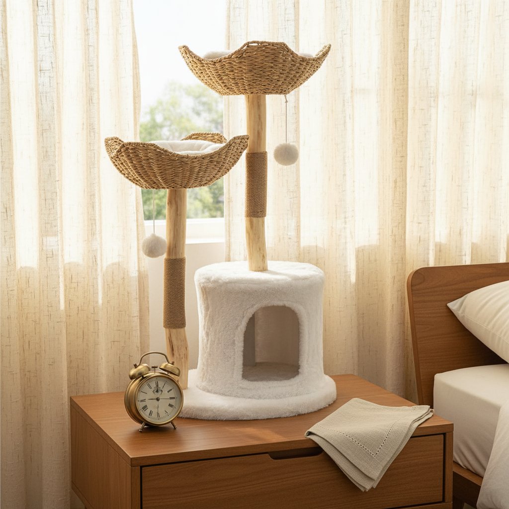 Modern white wooden cat tree tower with sisal rope scratching posts, 46.5 inches tall for large indoor cats — view 7a