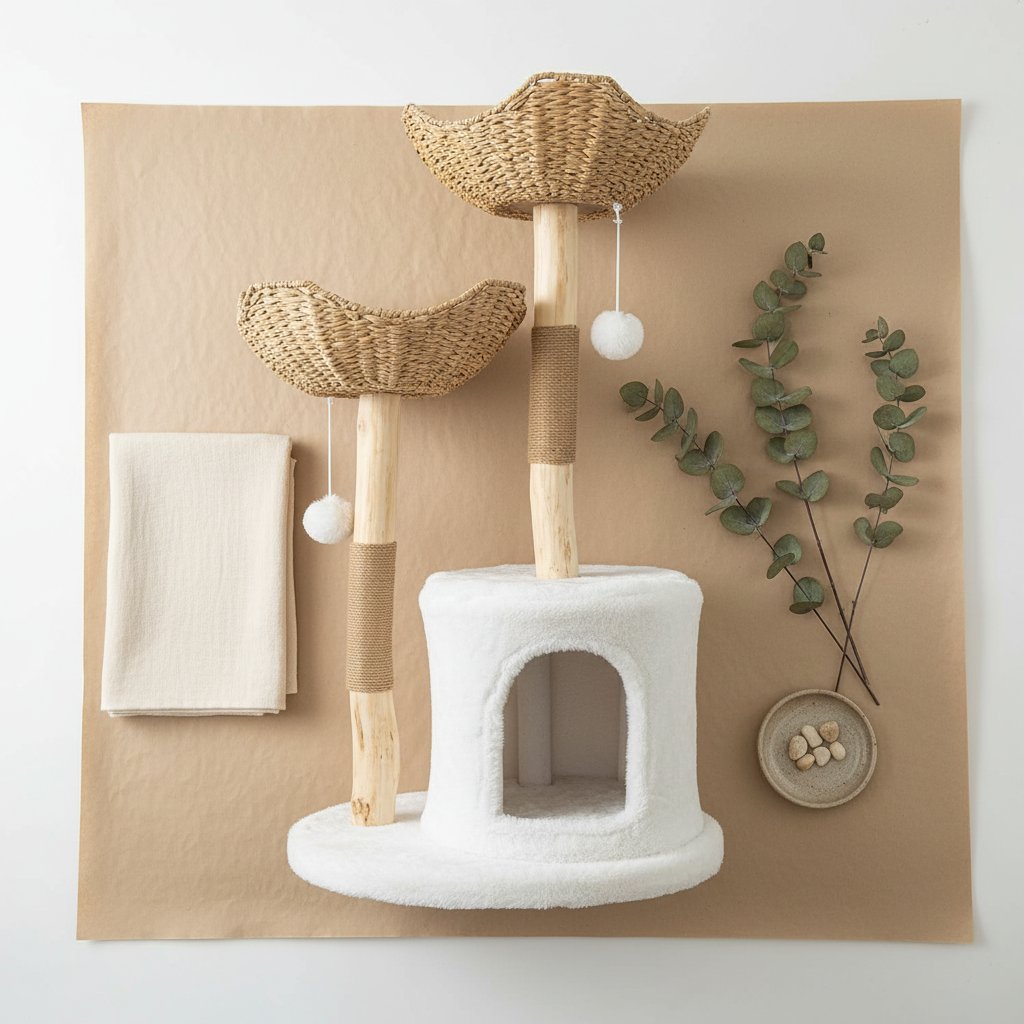 Modern white wooden cat tree tower with sisal rope scratching posts, 46.5 inches tall for large indoor cats — view 7b