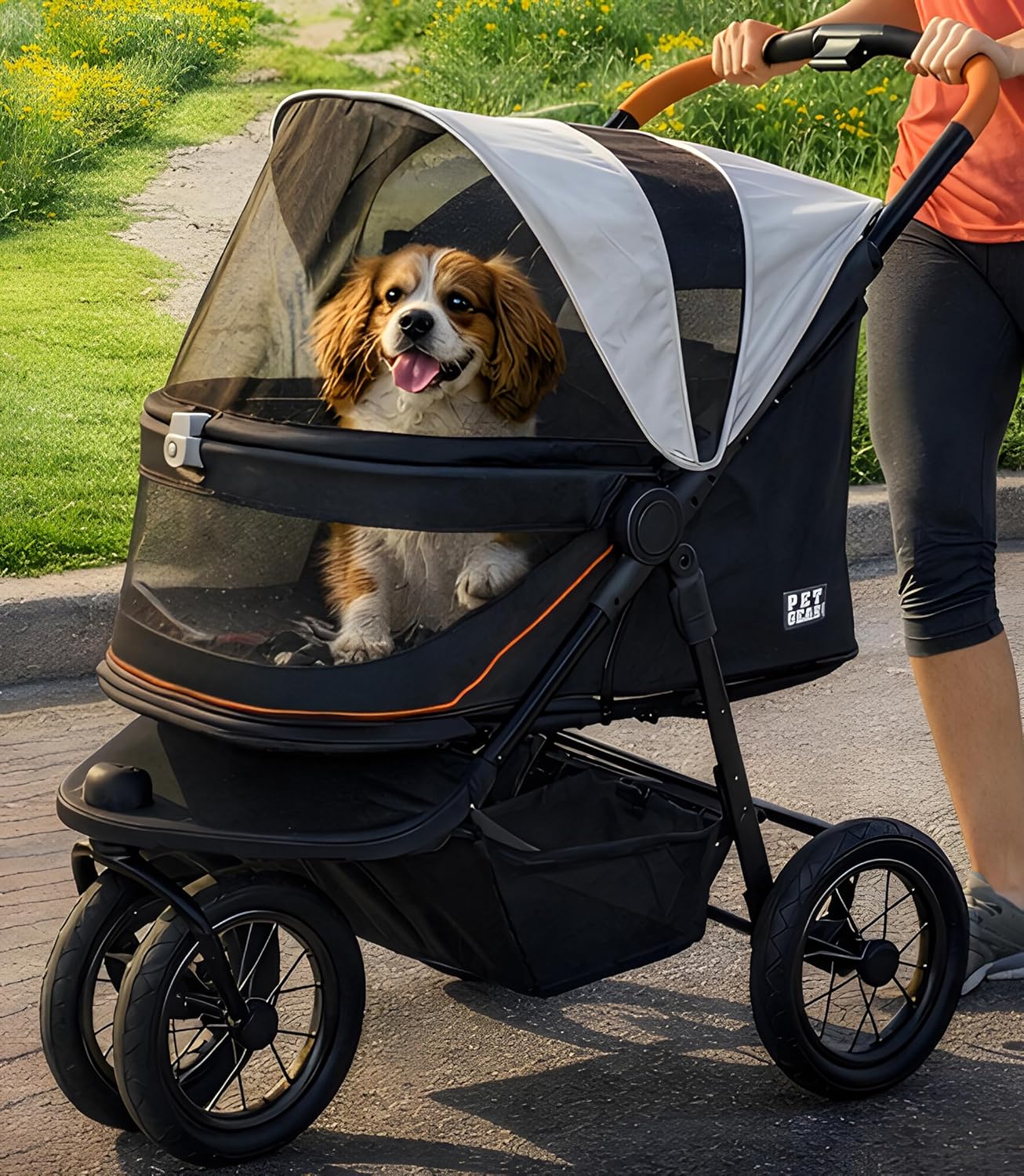 Salt-colored no-zip jogger pet stroller with airless tires and one-hand fold mechanism for dogs and cats โ front