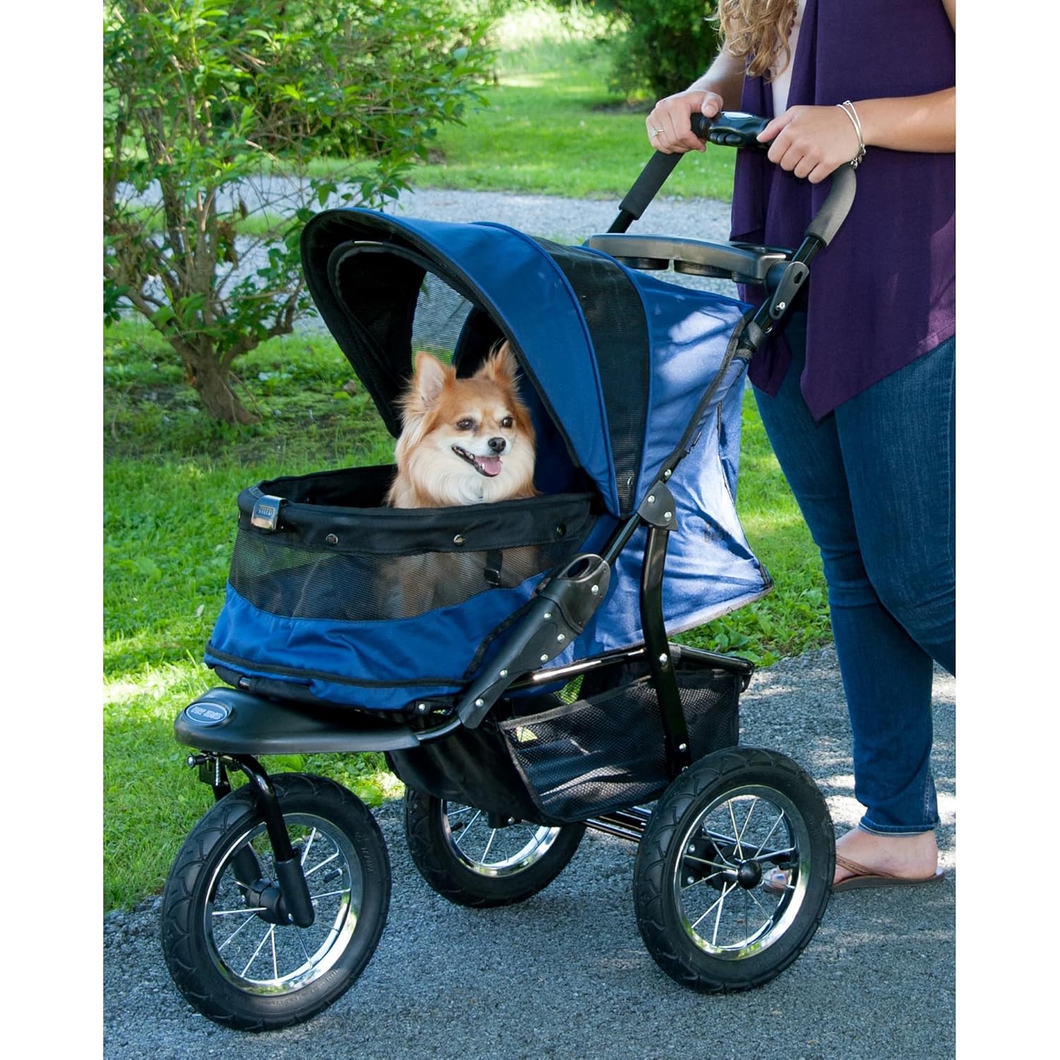 Salt-colored no-zip jogger pet stroller with airless tires and one-hand fold mechanism for dogs and cats โ back