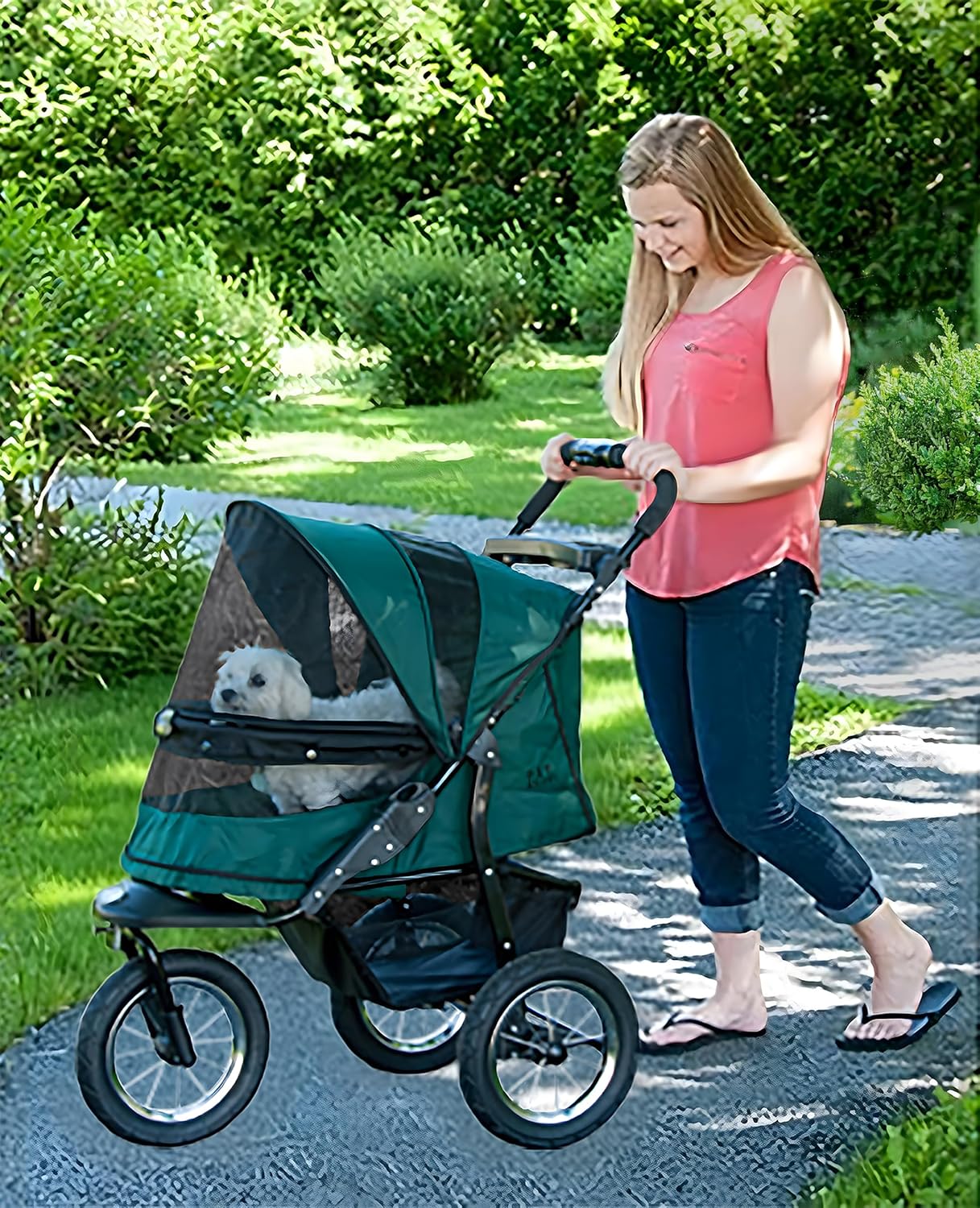 Salt-colored no-zip jogger pet stroller with airless tires and one-hand fold mechanism for dogs and cats โ view 3