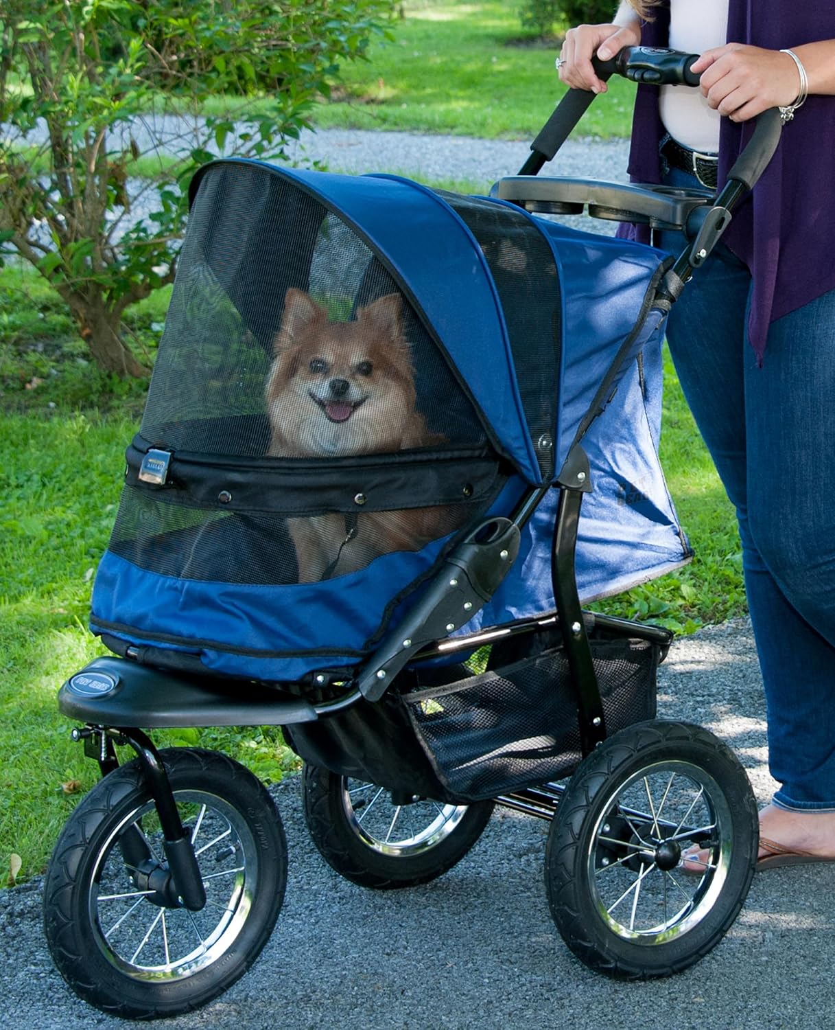Salt-colored no-zip jogger pet stroller with airless tires and one-hand fold mechanism for dogs and cats โ view 4