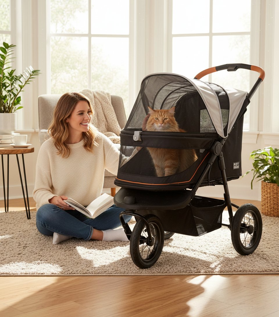 Salt-colored no-zip jogger pet stroller with airless tires and one-hand fold mechanism for dogs and cats โ view 1