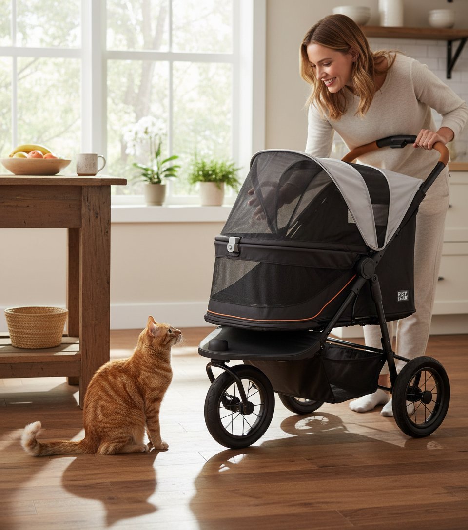 Salt-colored no-zip jogger pet stroller with airless tires and one-hand fold mechanism for dogs and cats โ view 2