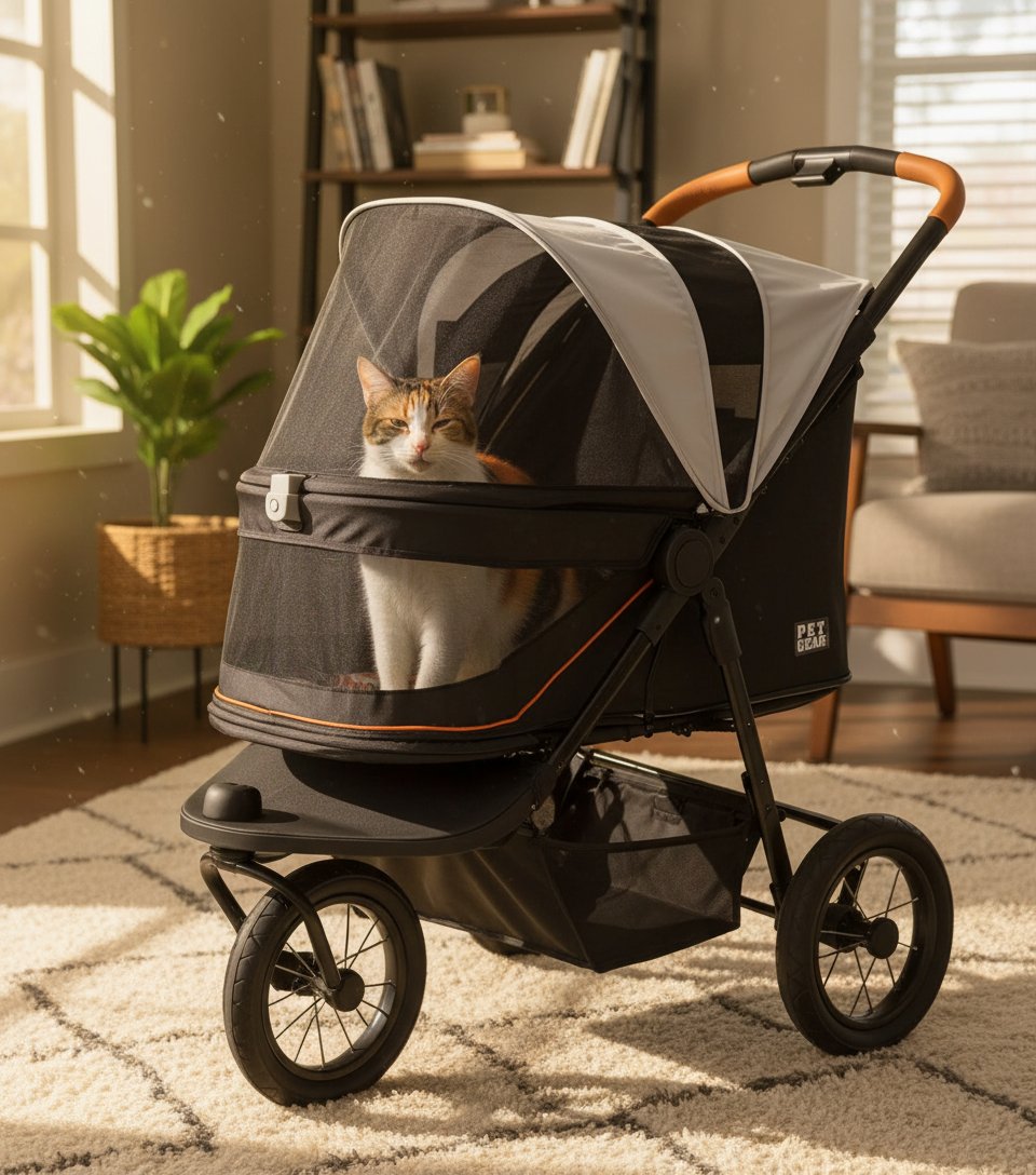 Salt-colored no-zip jogger pet stroller with airless tires and one-hand fold mechanism for dogs and cats โ view 3a