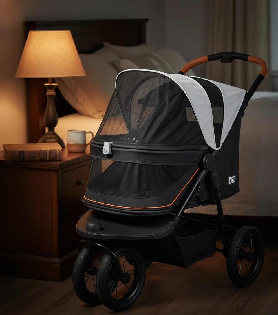Salt-colored no-zip jogger pet stroller with airless tires and one-hand fold mechanism for dogs and cats โ view 3b