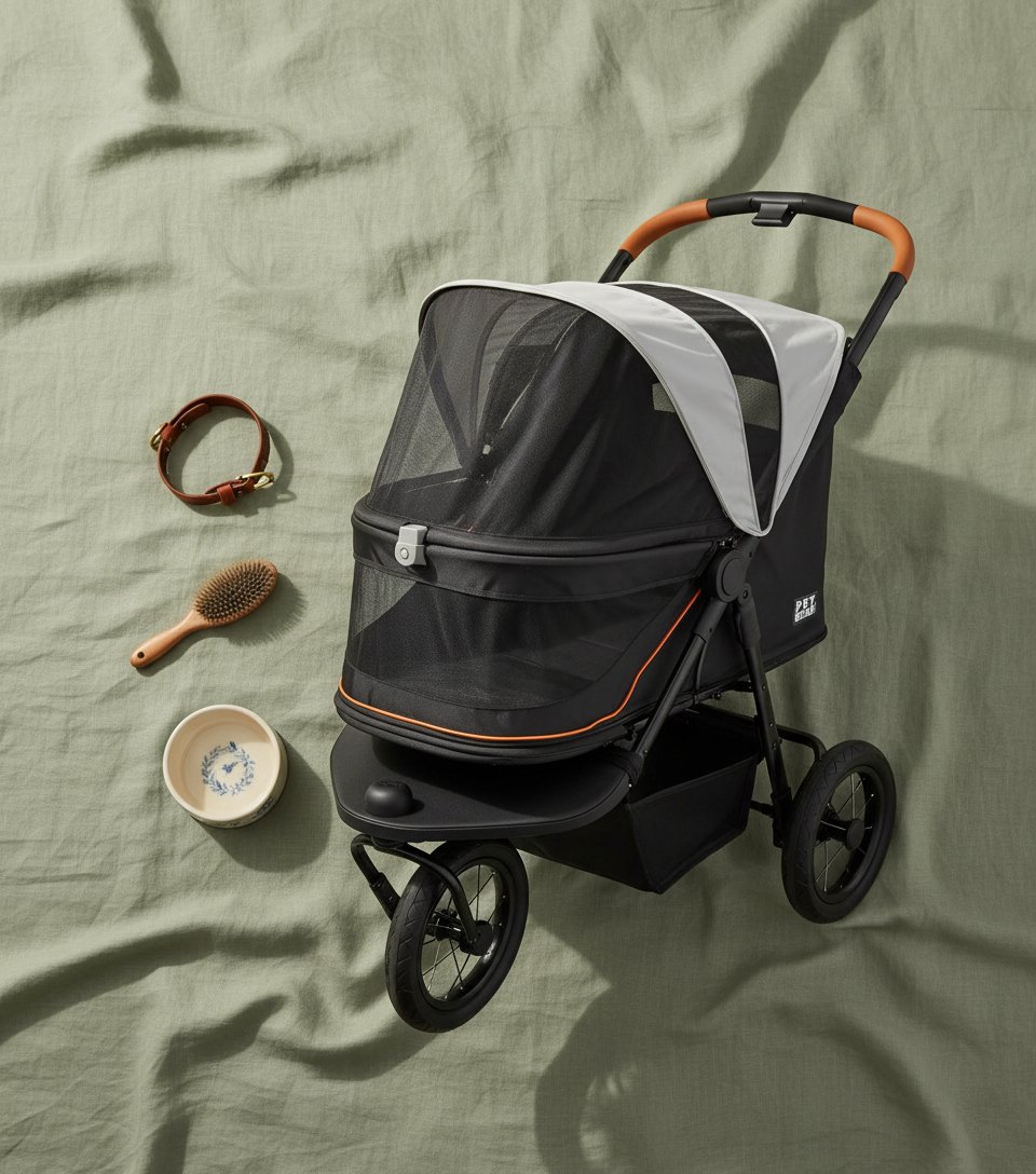 Salt-colored no-zip jogger pet stroller with airless tires and one-hand fold mechanism for dogs and cats โ view 4