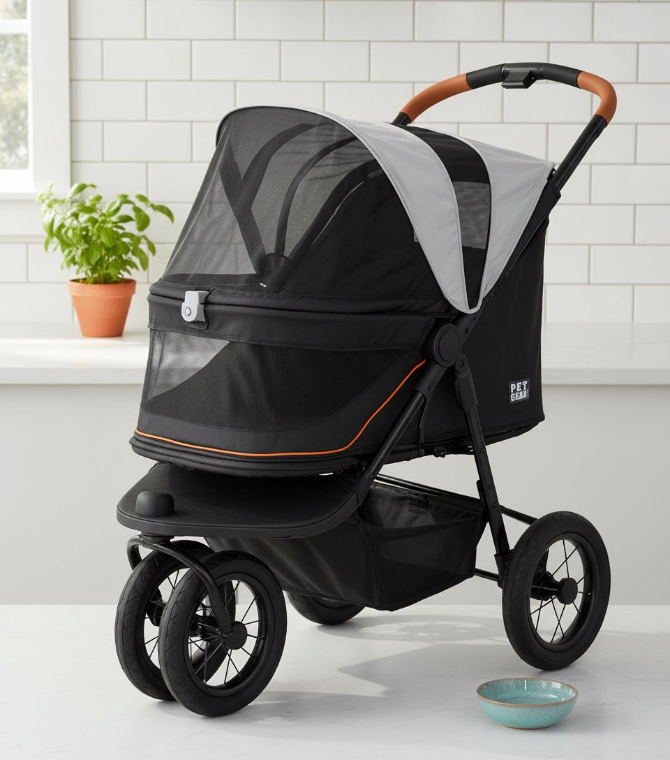 Salt-colored no-zip jogger pet stroller with airless tires and one-hand fold mechanism for dogs and cats โ view 5a