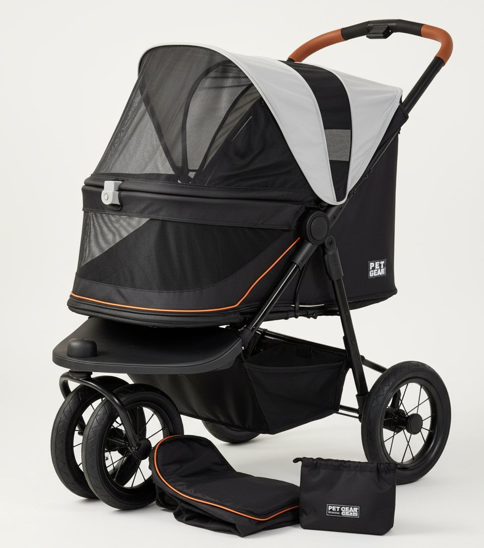 Salt-colored no-zip jogger pet stroller with airless tires and one-hand fold mechanism for dogs and cats โ view 5b