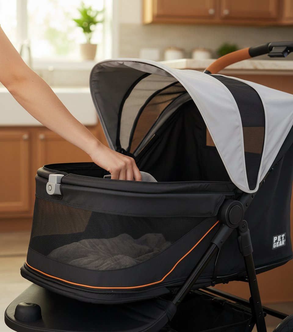 Salt-colored no-zip jogger pet stroller with airless tires and one-hand fold mechanism for dogs and cats โ view 6