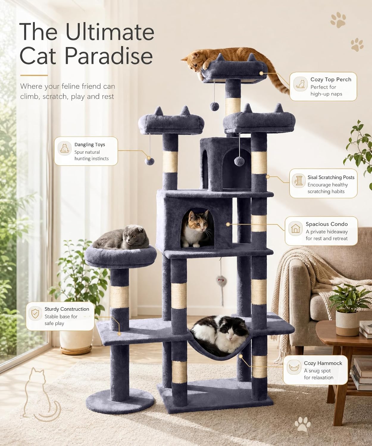 Dark grey 71-inch cat tree tower with sisal rope scratching posts, plush hammock, and multiple levels for climbing and rest — side