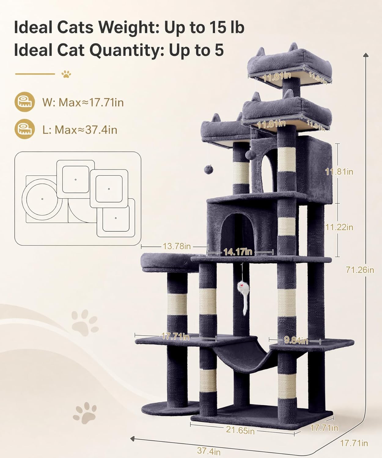 Dark grey 71-inch cat tree tower with sisal rope scratching posts, plush hammock, and multiple levels for climbing and rest — back