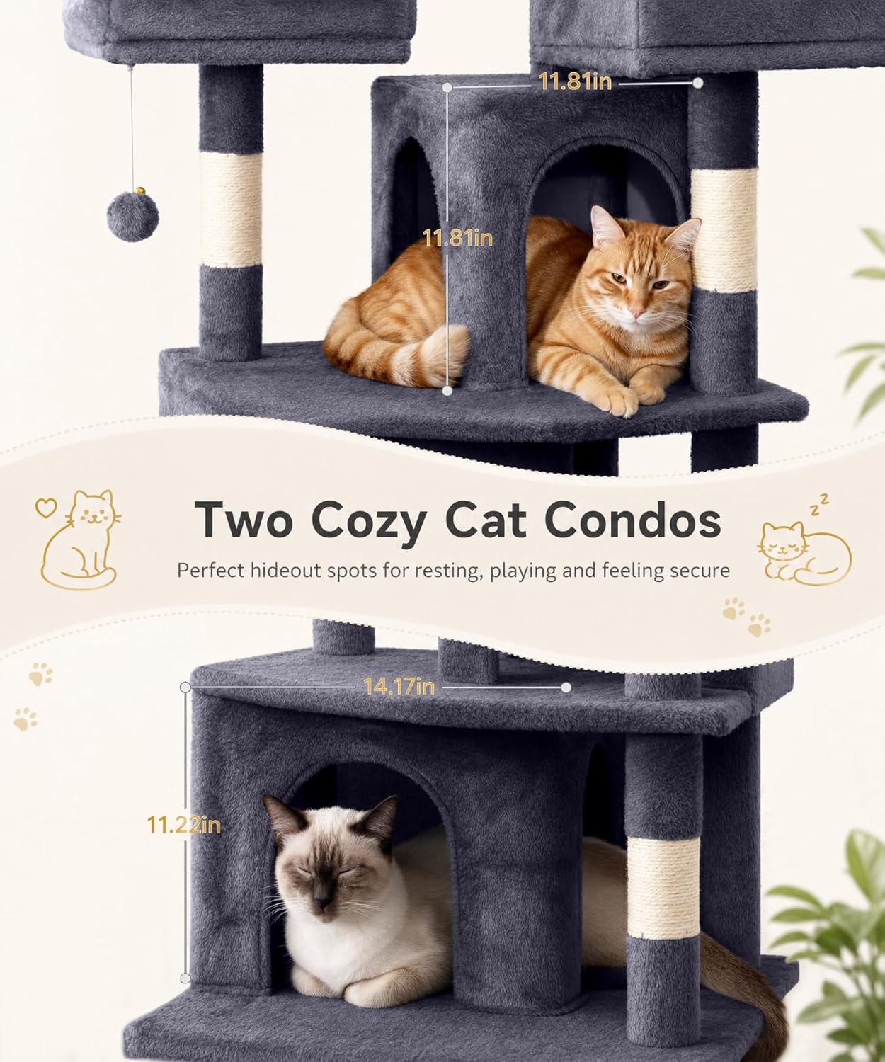 Dark grey 71-inch cat tree tower with sisal rope scratching posts, plush hammock, and multiple levels for climbing and rest — detail