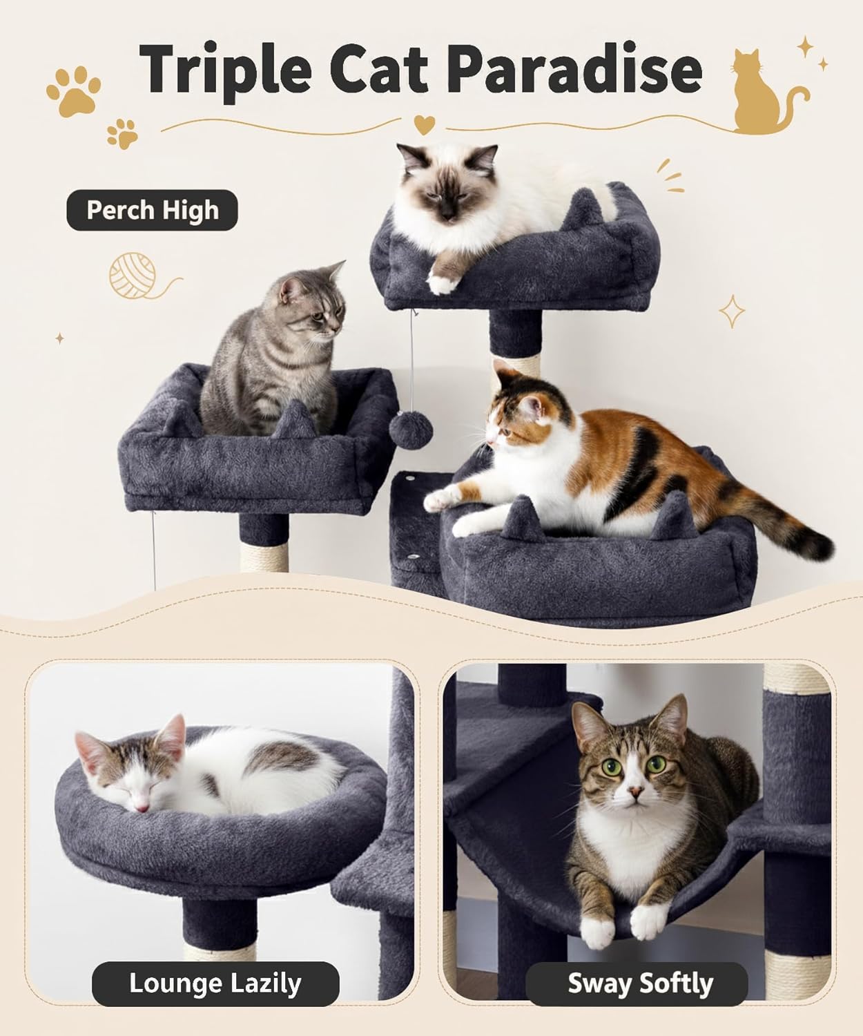Dark grey 71-inch cat tree tower with sisal rope scratching posts, plush hammock, and multiple levels for climbing and rest — view 2