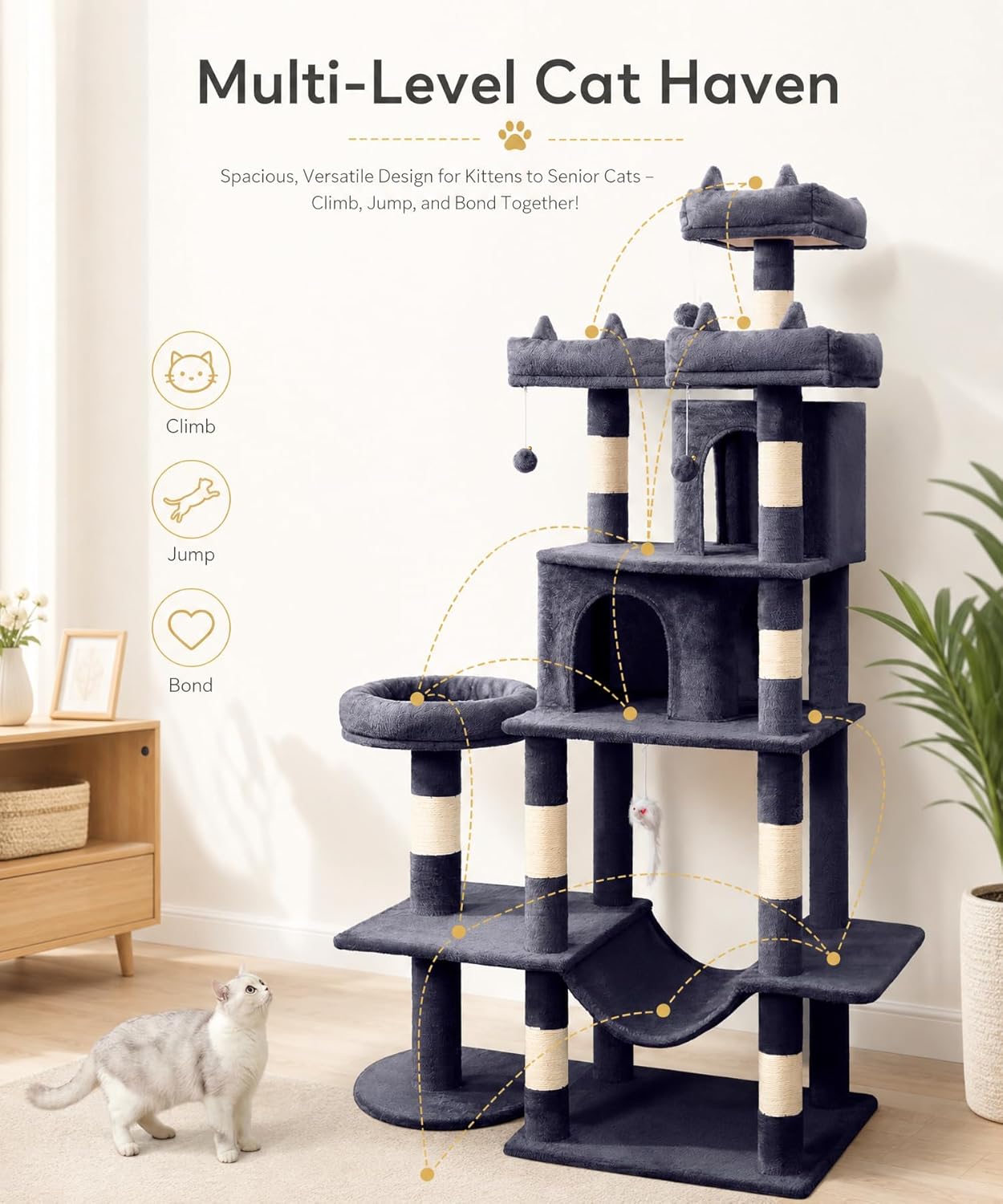 Dark grey 71-inch cat tree tower with sisal rope scratching posts, plush hammock, and multiple levels for climbing and rest — view 5b
