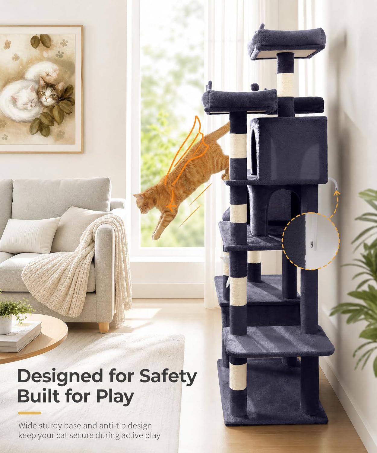 Dark grey 71-inch cat tree tower with sisal rope scratching posts, plush hammock, and multiple levels for climbing and rest — view 4