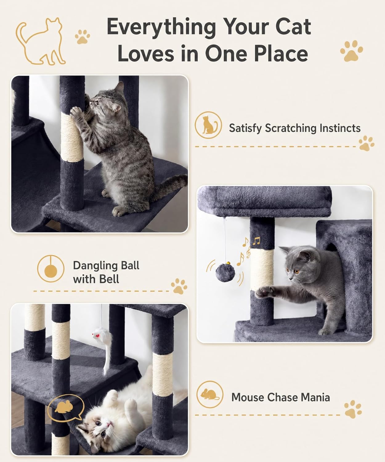 Dark grey 71-inch cat tree tower with sisal rope scratching posts, plush hammock, and multiple levels for climbing and rest — view 3b