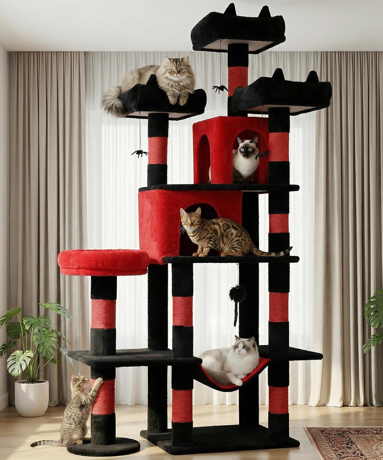 Dark grey 71-inch cat tree tower with sisal rope scratching posts, plush hammock, and multiple levels for climbing and rest — view 5a