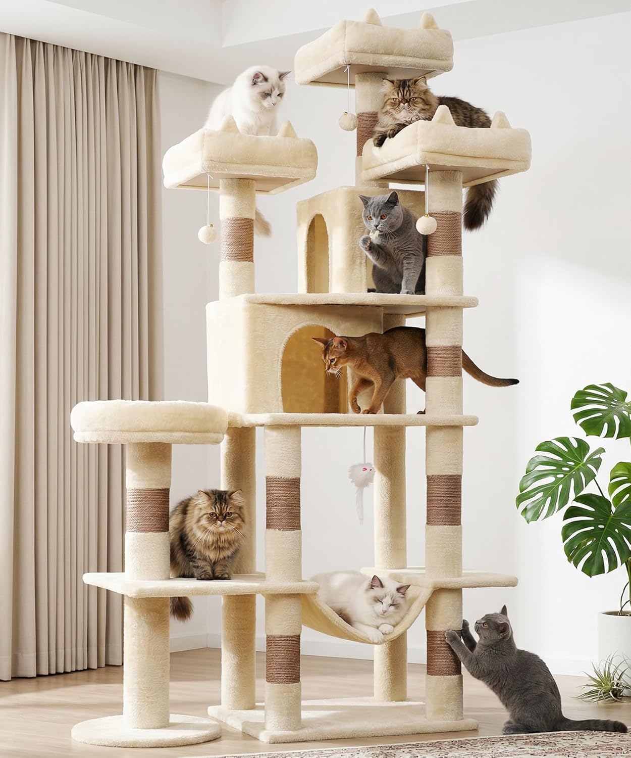 Dark grey 71-inch cat tree tower with sisal rope scratching posts, plush hammock, and multiple levels for climbing and rest — view 7a