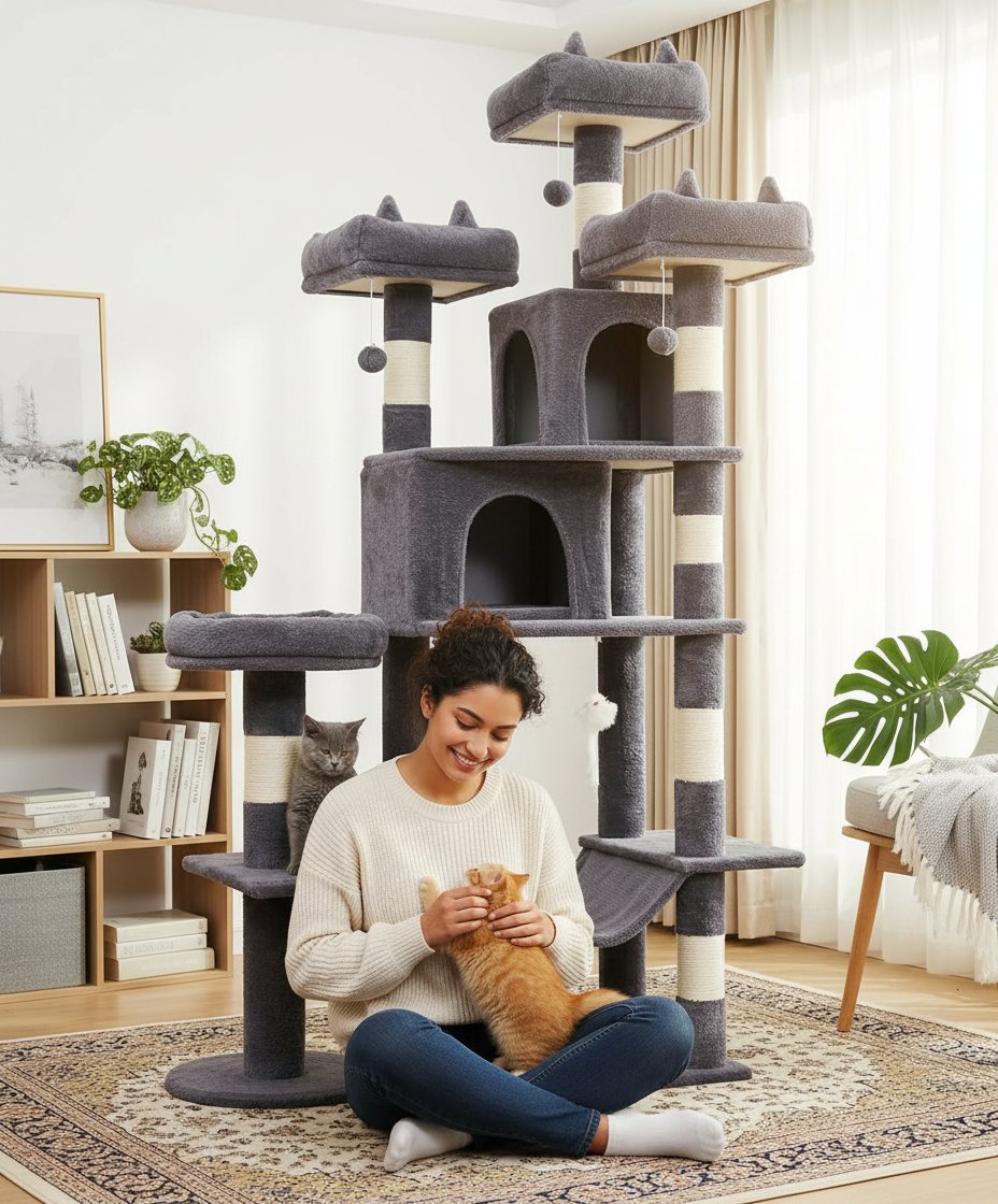 Dark grey 71-inch cat tree tower with sisal rope scratching posts, plush hammock, and multiple levels for climbing and rest — view 1