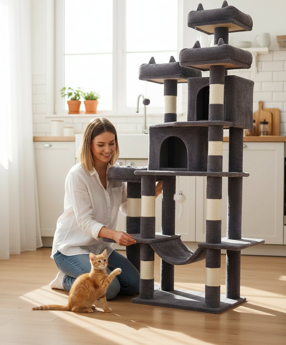Dark grey 71-inch cat tree tower with sisal rope scratching posts, plush hammock, and multiple levels for climbing and rest — view 2