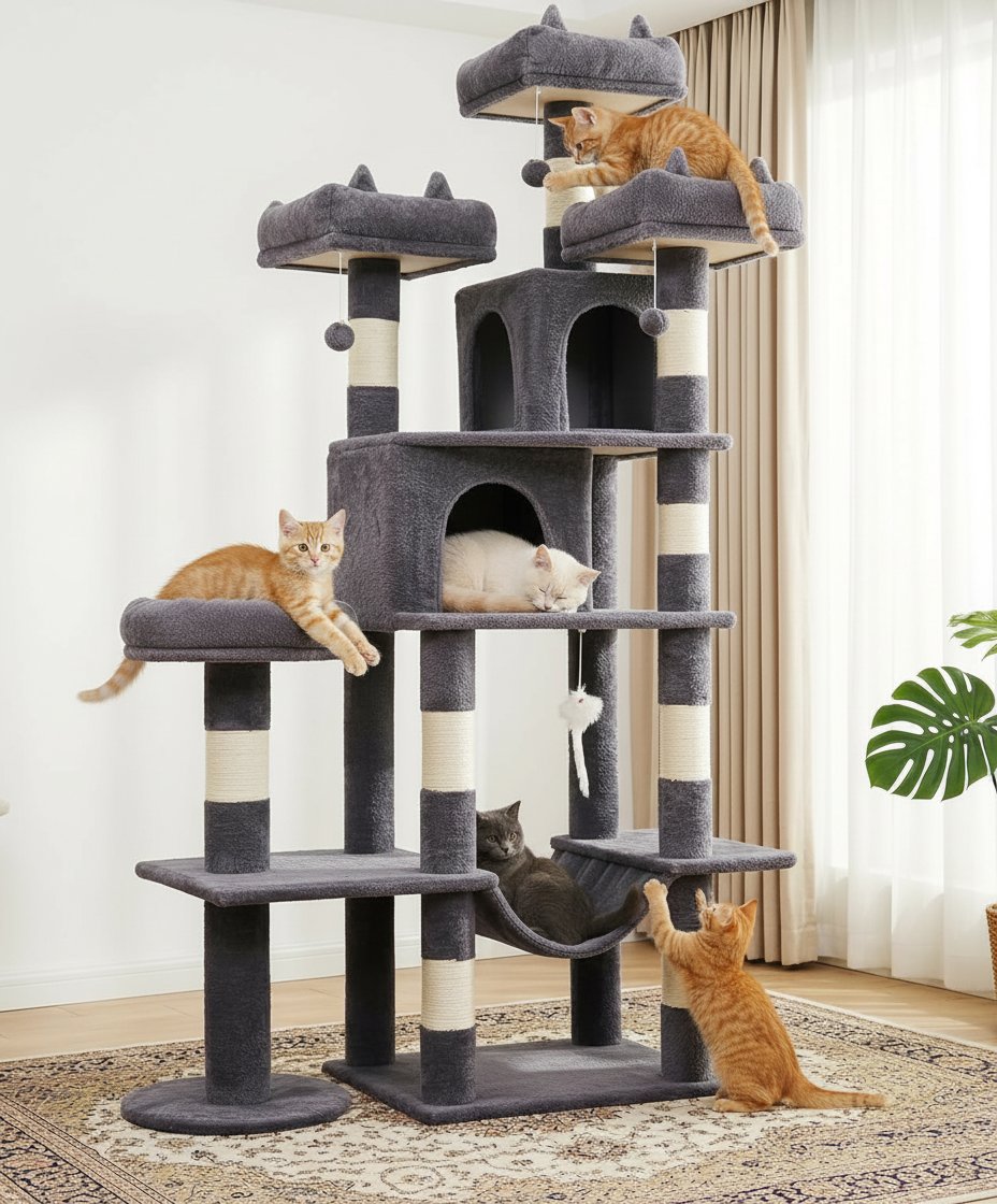 Dark grey 71-inch cat tree tower with sisal rope scratching posts, plush hammock, and multiple levels for climbing and rest — view 3a