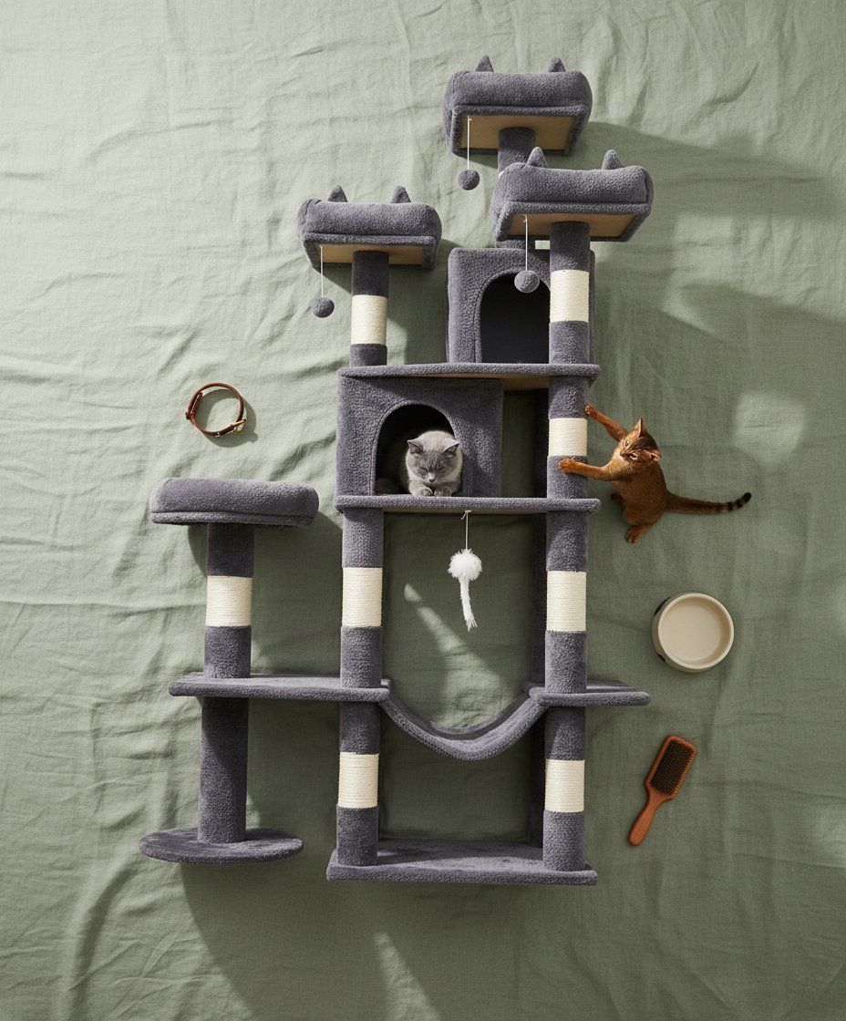 Dark grey 71-inch cat tree tower with sisal rope scratching posts, plush hammock, and multiple levels for climbing and rest — view 4