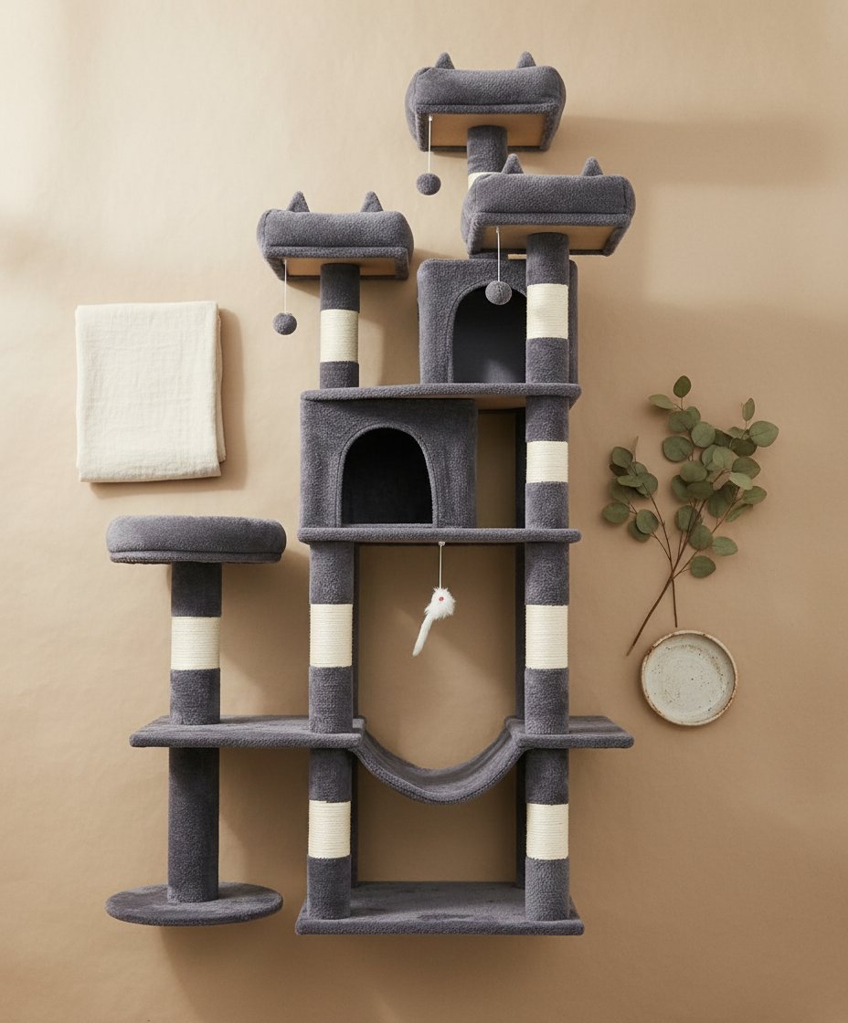 Dark grey 71-inch cat tree tower with sisal rope scratching posts, plush hammock, and multiple levels for climbing and rest — view 7b