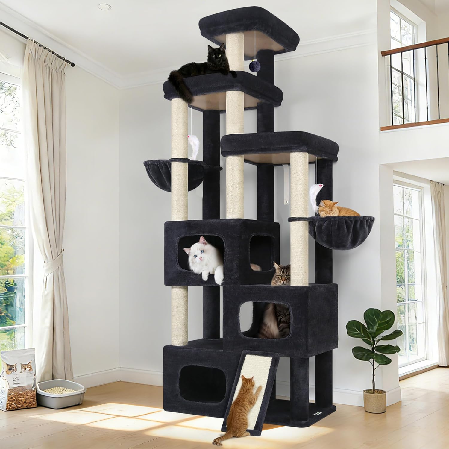 Dark grey 85-inch multi-level cat tree with sisal posts, condos and hammocks for large cats — front