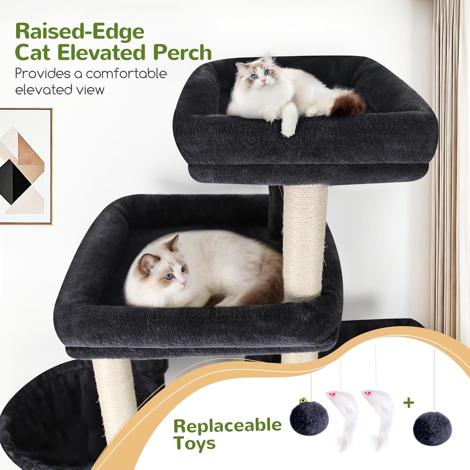Dark grey 85-inch multi-level cat tree with sisal posts, condos and hammocks for large cats — side