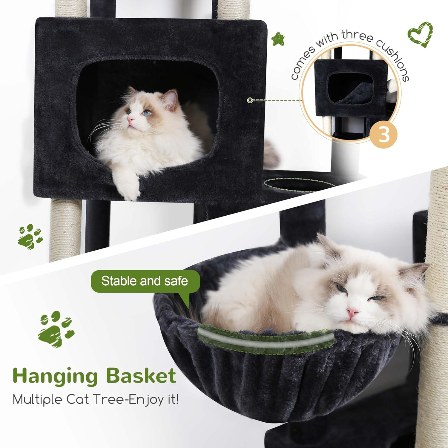 Dark grey 85-inch multi-level cat tree with sisal posts, condos and hammocks for large cats — back