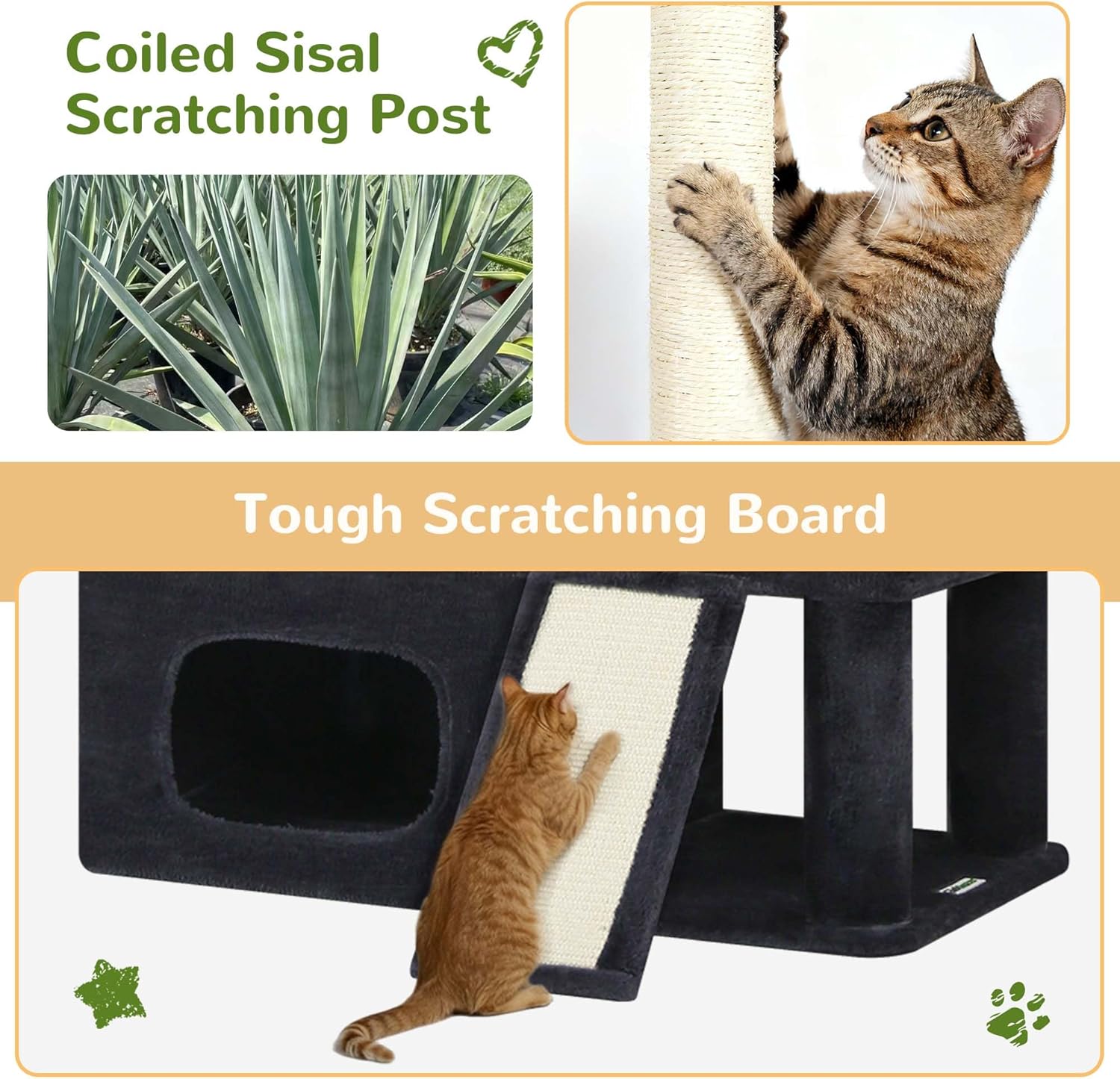 Dark grey 85-inch multi-level cat tree with sisal posts, condos and hammocks for large cats — detail
