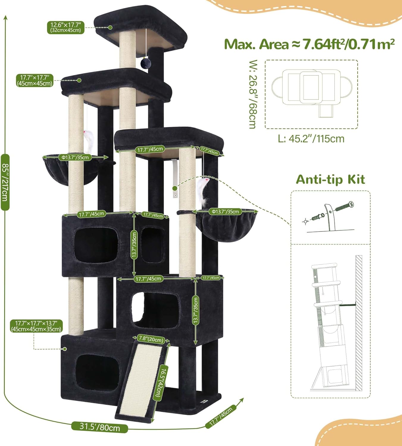 Dark grey 85-inch multi-level cat tree with sisal posts, condos and hammocks for large cats — view 3b